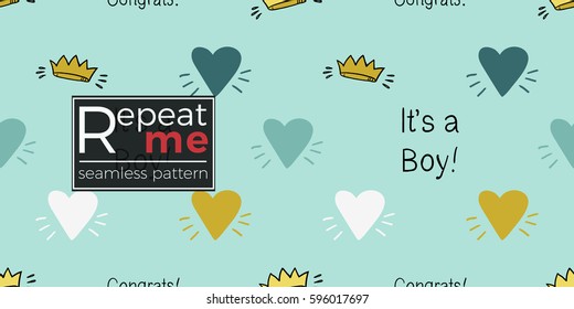 Funny cute new born welcome baby boy crown and inscription and blue and white and yellow vector seamless pattern on light blue background. Backdrop for children nursery, greeting card, web, apps.