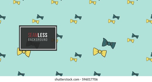 Funny cute new born welcome baby boy bow tie vector seamless pattern on light blue background. Backdrop for children nursery, greeting card, web, apps.