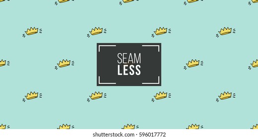 Funny cute new born welcome baby boy crown vector seamless pattern on light blue background. Backdrop for children nursery, greeting card, web, apps.