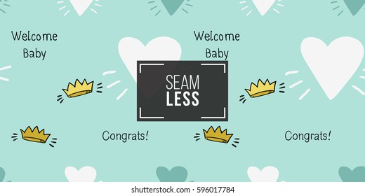 Funny cute new born welcome baby boy crown and inscription and blue and white and yellow vector seamless pattern on light blue background. Backdrop for children nursery, greeting card, web, apps.