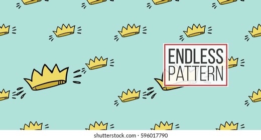 Funny cute new born welcome baby boy crown vector seamless pattern on light blue background. Backdrop for children nursery, greeting card, web, apps.