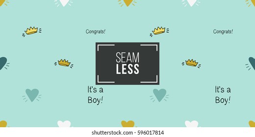 Funny cute new born welcome baby boy crown and inscription and blue and white and yellow vector seamless pattern on light blue background. Backdrop for children nursery, greeting card, web, apps.