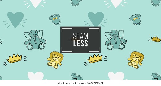 Funny cute new born welcome baby boy crown and blue and white and toy and bodysuit vector seamless pattern on light blue background. Backdrop for children nursery, greeting card, web, apps.