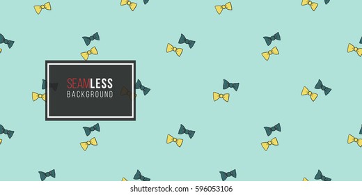 Funny cute new born welcome baby boy bow tie vector seamless pattern on light blue background. Backdrop for children nursery, greeting card, web, apps.