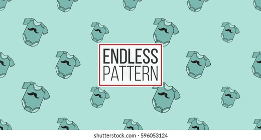 Funny cute new born welcome baby boy bodysuit vector seamless pattern on light blue background. Backdrop for children nursery, greeting card, web, apps.