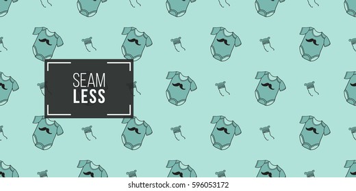 Funny cute new born welcome baby boy bodysuit and baby beanie vector seamless pattern on light blue background. Backdrop for children nursery, greeting card, web, apps.