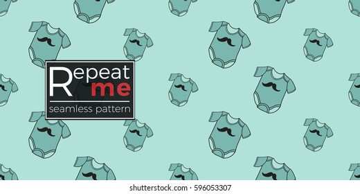 Funny cute new born welcome baby boy bodysuit vector seamless pattern on light blue background. Backdrop for children nursery, greeting card, web, apps.