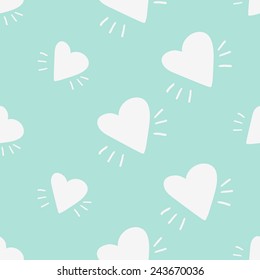 Funny cute new romantic heart vector seamless pattern on light blue background. Set of isolated elements. Chess grid order pattern.