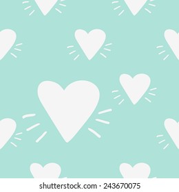 Funny cute new romantic heart vector seamless pattern on light blue background. Set of isolated elements. Chess grid order pattern.