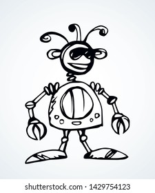 Funny cute new small auto forcep droid stand on suction cups on legs on white background. Line freehand ink hand drawn sign logo symbol pictogram sketchy in art doodle humor retro style pen on paper