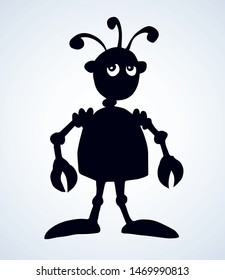Funny cute new small auto forcep droid stand on suction cups on legs on white background. Line freehand ink hand drawn sign logo symbol pictogram sketchy in art doodle humor retro style pen on paper