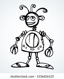 Funny cute new small auto forcep droid stand on suction cups on legs on white background. Line freehand ink hand drawn sign logo symbol pictogram sketchy in art doodle humor retro style pen on paper