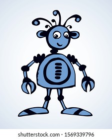 Funny cute new small auto forcep droid stand on suction cups on legs on white background. Line freehand ink hand drawn sign logo symbol pictogram sketchy in art doodle humor retro style pen on paper