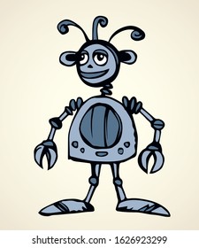 Funny cute new small auto forcep droid stand on suction cups on legs on white background. Line freehand ink hand drawn sign logo symbol pictogram sketchy in art doodle humor retro style pen on paper