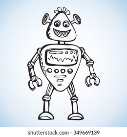 Funny cute new small auto droid with forcep hands, stand on suction cups on legs isolated on white background. Linear freehand ink drawn picture symbol sketchy in art scribble retro style pen on paper