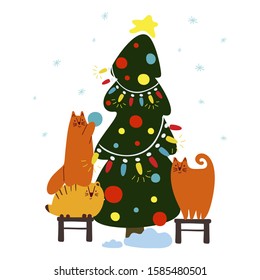 Funny cute new year vector illustration. Red cats decorate the Christmas tree. Christmas and New Year celebration concept. Christmas mood. Design for cards, banners, posters, textiles.