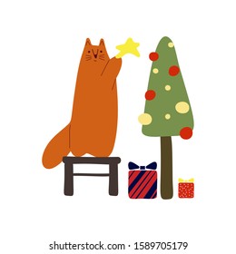 Funny cute new year vector illustration. A red cat will decorate the Christmas tree, below are gifts. Christmas and New Year celebration concept. New Year mood. Design for cards, banners, posters