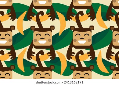 Funny, cute, nice, lovely and smiling cartoon monkey with banana in the jungle. Seamless vector pattern for design and decoration.