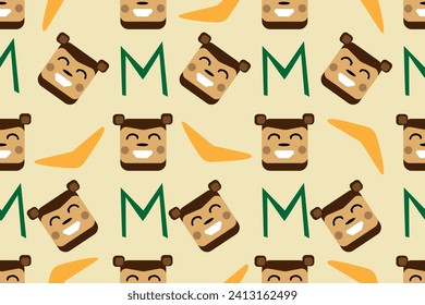 Funny, cute, nice, lovely and smiling cartoon monkey with banana in the jungle, letter m, icons. Seamless vector pattern for design and decoration.
