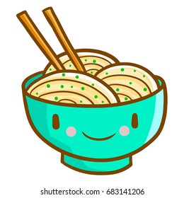 Funny and cute noodle in blu green bowl smiling happily - vector.