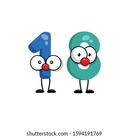 funny cute number 18 with eye in comic style. funny friends character concept. illustration for kids.cartoon style. isolated on white background