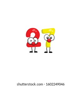 funny cute number 27 with eye in comic style. funny friends character concept. illustration for kids.cartoon style. isolated on white background
