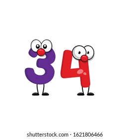 funny cute number 34 with eye in comic style. funny friends character concept. illustration for kids.cartoon style. isolated on white background