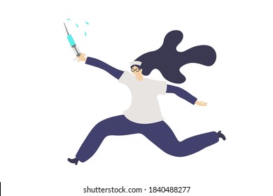 funny cute nurse runs holding a syringe with medication. vector flat illustration of a medical worker rushing to give an injection to a patient or to inject a vaccine