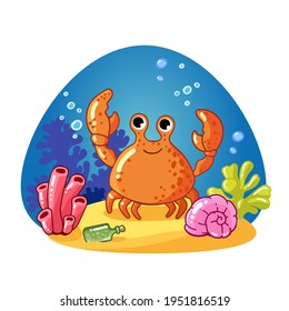 Funny cute ocean animals crab. Sea creatures. Cartoon Marine character. Vector illustration. Coral reef. Marine animals and aquatic plants. Underwater world. 