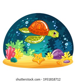 Funny cute ocean animals, turtle. Sea creatures. Cartoon Marine character. Vector illustration. Coral reef. Marine animals and aquatic plants.  Tropical  Underwater world.