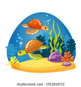 Funny cute ocean animals, turtle. Sea creatures. Cartoon Marine character. Vector illustration. Coral reef. Marine animals and aquatic plants.  Tropical  Underwater world.