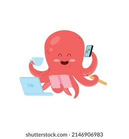 Funny cute octopus cartoon character as businessman working at laptop, flat vector illustration isolated on white background. Octopus businessman comic personage.