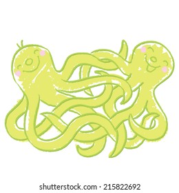 Funny, cute octopus playing. Cartoon, drawing.