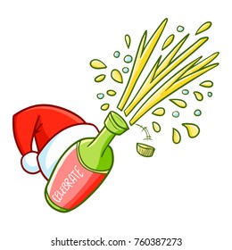 Funny and cute opened bottle wearing Santa's hat for Christmas - vector.