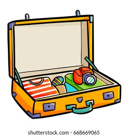 Funny and cute opened suitcase for holiday - vector.