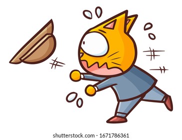 El gracioso y lindo gato naranja persiguiendo su sombrero soplando por el viento
