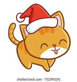 Funny and cute orange cat wearing Santa's hat and smiling - vector.
