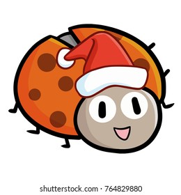 Funny and cute orange ladybug wearing Santa's hat for Christmas and smiling - vector.
