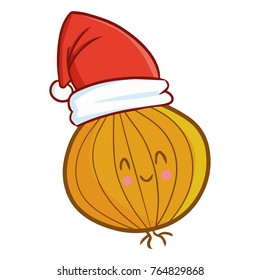 Funny and cute orange onion  wearing Santa's hat for Christmas and smiling - vector.