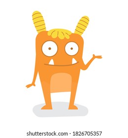 Funny Cute Orange Square Halloween Monster with Rounded Horn Flat Design Vector Illustration
