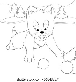 Funny and cute outline kitten found Santa Claus trail in simple cartoon style. Page for art coloring book for kids. Vector illustration.