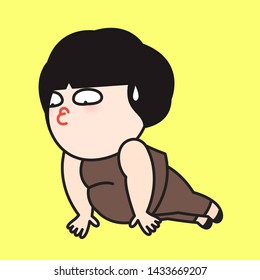 Funny And Cute Overweight Woman Doing Push-ups Concept Card Character illustration