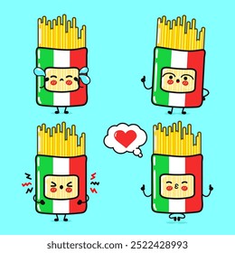 Conjunto de Paquete de personajes divertidos y lindos Pack Spaghetti. Vector dibujado a mano estilo doodle ilustración de personajes de dibujos animados diseño de iconos. Aislado sobre fondo azul. Pack colección de personaje de mascota Spaghetti