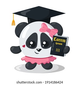 Funny cute panda justice with book (copy space) and hat in flat design. Isolated animal vector illustration