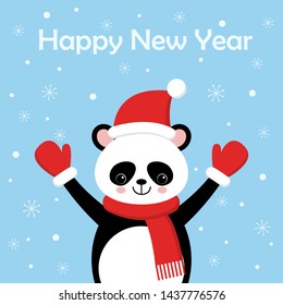 Funny and cute panda wearing Santa s hat for Christmas and smiling. Cartoon style