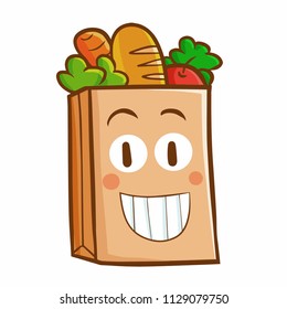 Funny and cute paper bag filled with food smiling - vector