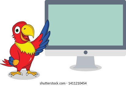 funny cute parrot presenting blank empty monitor display template