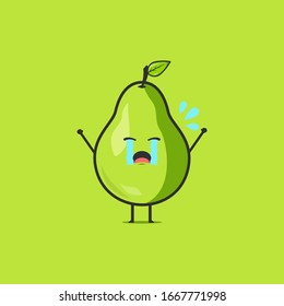 Funny cute pear character. Vector flat pear cartoon character crying. Isolated on green background. Pear fruit concept