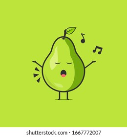 Funny cute pear character. Vector flat pear cartoon character singing. Isolated on green background. Pear fruit concept