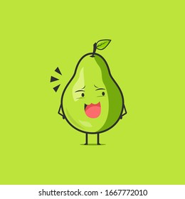 Funny cute pear character. Vector flat pear cartoon character mocking. Isolated on green background. Pear fruit concept